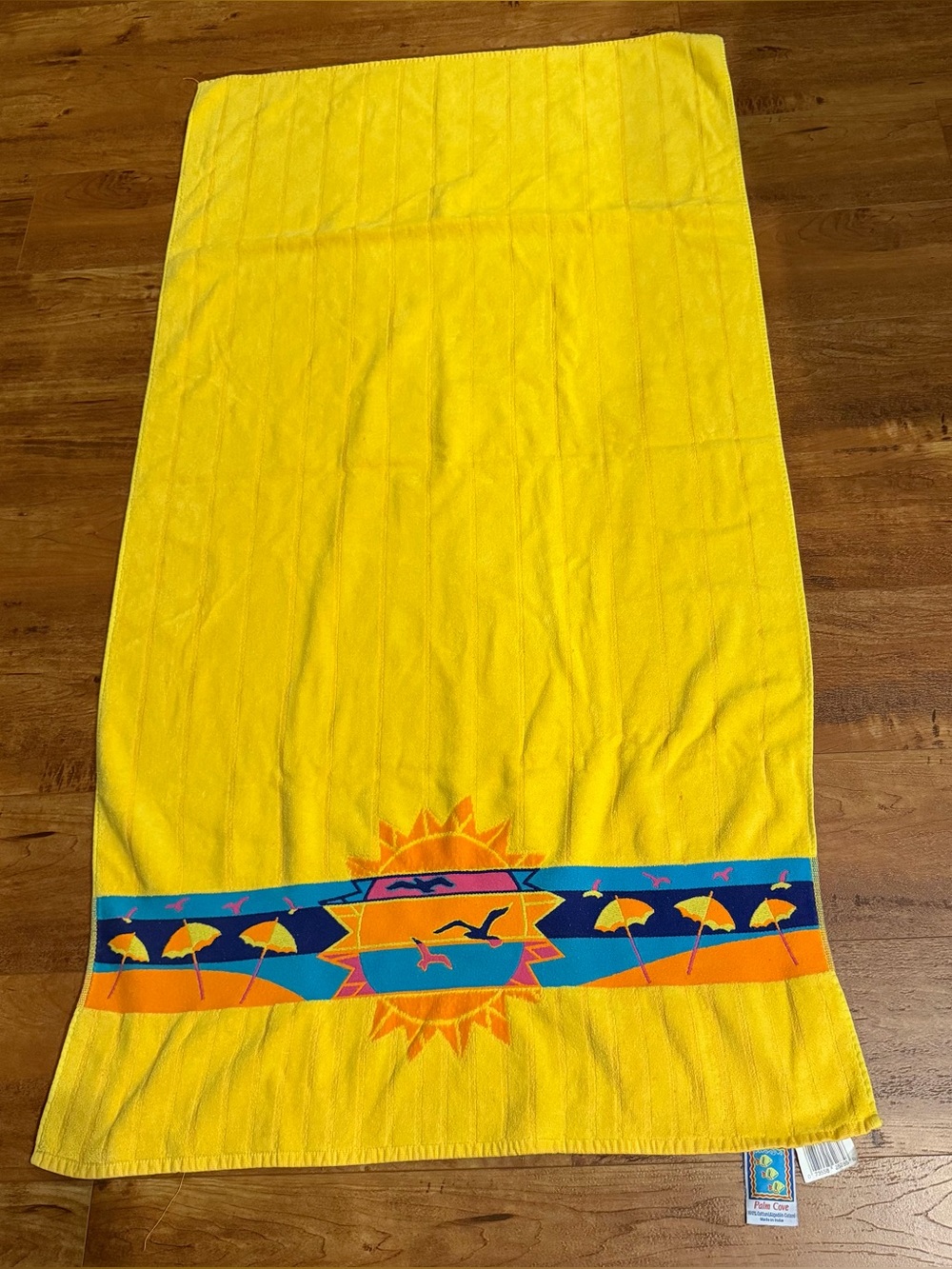 Vtg Franco Palm Cove Beach Towel Yellow Orange Reversible Retro Neon Sun 80s 90s